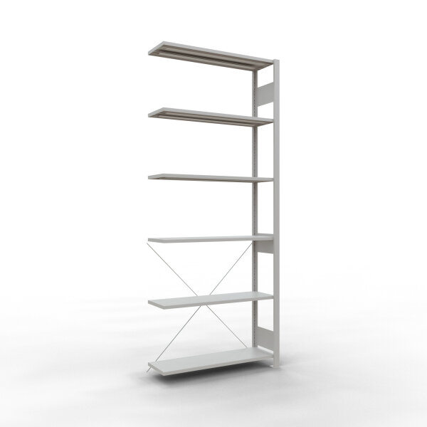 Stecksystem Anbauregal RAL 7035, 2500x1000x300 mm, 6 MultiPlus Boeden Typ 150 kg, mit Kreuzstrebe