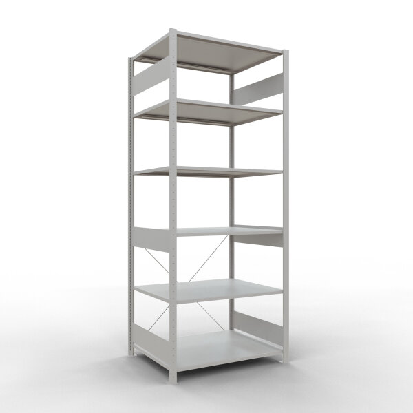 Stecksystem Grundregal RAL 7035, 2500x1000x800 mm, 6 MultiPlus Boeden Typ 150 kg, mit Kreuzstrebe