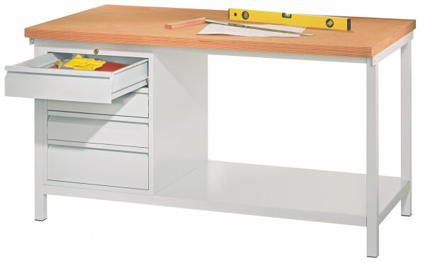 Werkbank 900x700x2000, links 1 Block, Schubl.: 3x100 mm + 1x200 mm; rechts: unterer Ablageboden
