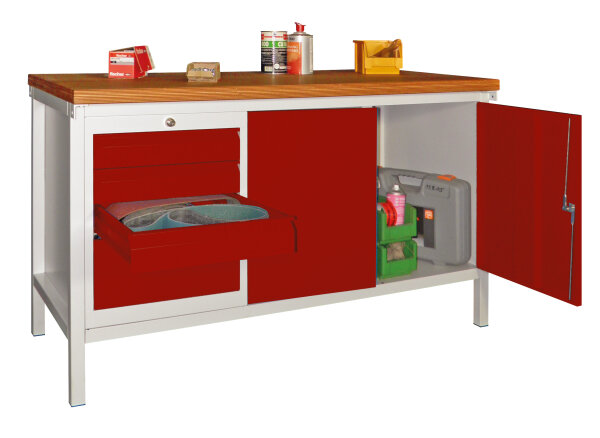 Werkbank 900x700x1500, links 1 Block, Schubl.: 3x100 mm + 1x200 mm; rechts: 2-türiger Schrank
