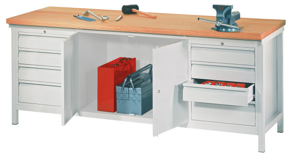 Werkbank 900x700x2000, links und rechts je 1 Block, Schubl.: 3x100 mm + 1x200 mm; mittig: 2-türiger Schrank