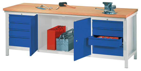 Werkbank 900x700x2000, links und rechts je 1 Block, Schubl.: 3x100 mm + 1x200 mm; mittig: 2-türiger Schrank