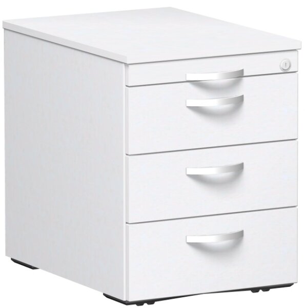 Rollcontainer mit 3 Metall-Schubfächern und Utensilienschubfach, Metall-Rollschubführung, Zentralverriegelung, verdeckte Doppel-Lenkrollen, 438x600x565, Weiß/Weiß