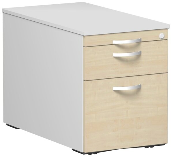 Rollcontainer mit 3 Metall-SchubfÃ¤chern und Utensilienschubfach, Metall-RollschubfÃ¼hrung, Zentralverriegelung, verdeckte Doppel-Lenkrollen, 438x800x565, Ahorn/Lichtgrau