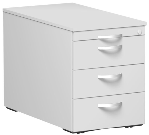 Rollcontainer mit 3 Metall-SchubfÃ¤chern und Utensilienschubfach, Metall-RollschubfÃ¼hrung, Zentralverriegelung, verdeckte Doppel-Lenkrollen, 438x800x565, Lichtgrau/Lichtgrau