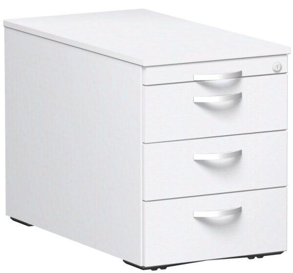 Rollcontainer mit 3 Metall-SchubfÃ¤chern und Utensilienschubfach, Metall-RollschubfÃ¼hrung, Zentralverriegelung, verdeckte Doppel-Lenkrollen, 438x800x565, WeiÃŸ/WeiÃŸ