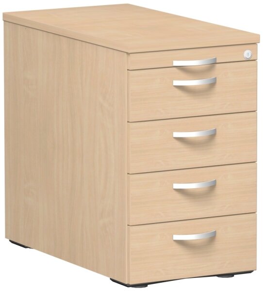 Standcontainer mit 4 Metall-Schubfächern und Utensilienschubfach, Metall-Rollschubführung, Zentralverriegelung, 438x800x720, Buche/Buche/Buche