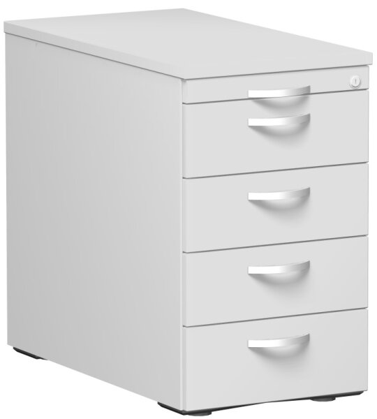 Standcontainer mit 4 Metall-Schubfächern und Utensilienschubfach, Metall-Rollschubführung, Zentralverriegelung, 438x800x720, Lichtgrau/Lichtgrau/Lichtgrau