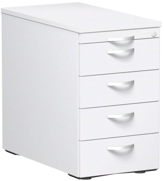 Standcontainer mit 4 Metall-Schubfächern und Utensilienschubfach, Metall-Rollschubführung, Zentralverriegelung, 438x800x720, Weiß/Weiß/Weiß