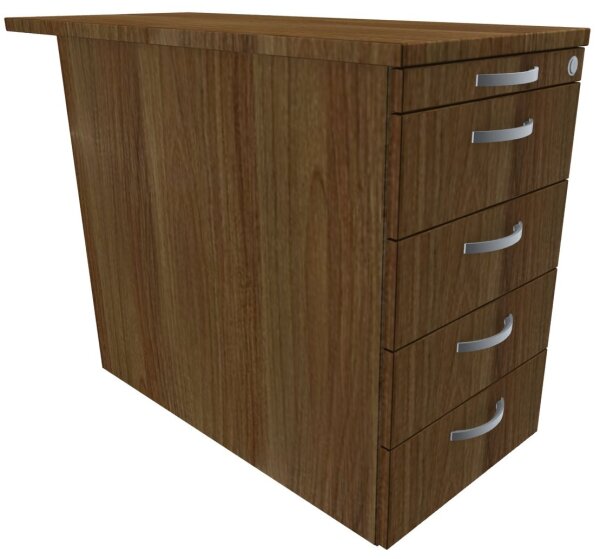 Standcontainer mit 4 Metall-Schubfächern und 1000 mm Abdeckplatte, Utensilienschubfach, Metall-Rollschubführung, Zentralverriegelung, 438x1000x720, Nussbaum/Nussbaum/Nussbaum