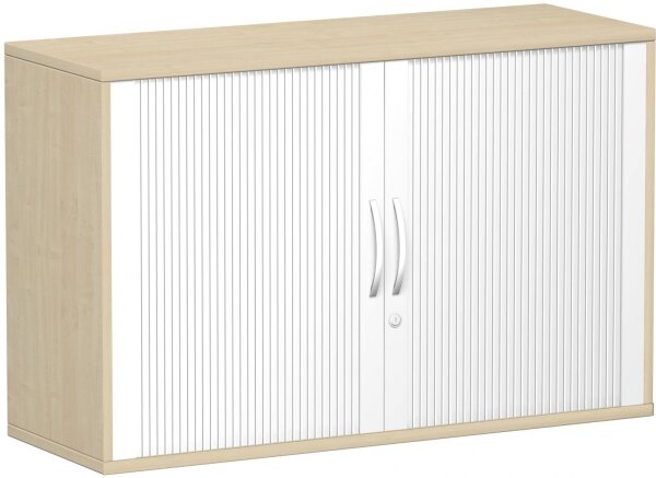 Querrollladenschrank Oberboden 25 mm, mit Standfüßen, abschließbar, 1200x425x798, Silber/Ahorn