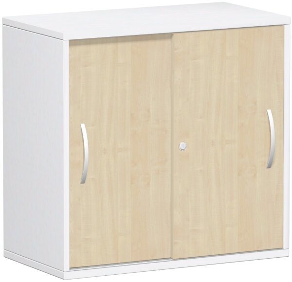 Schiebetürenschrank Oberboden 25 mm, mit Standfüßen, abschließbar, 800x425x798, Ahorn/Weiß