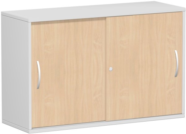 Schiebetürenschrank Oberboden 25 mm, mit Standfüßen, abschließbar, 1200x425x798, Buche/Lichtgrau