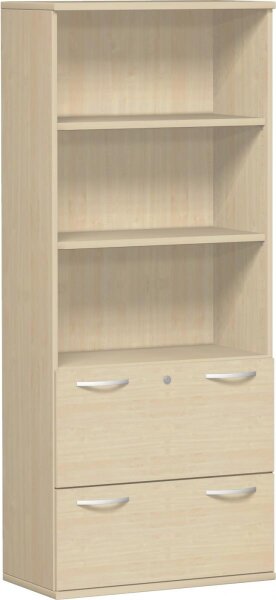 Modulschrank 1. + 2. OH Hängeregistratur mit Zentralverriegelung und Auszugssperre, abschließbar, 3. - 5. OH Regal, 2 Dekor-Einlegeböden, Wandbefestigung erforderlich, 800x425x1920, Ahorn/Ahorn