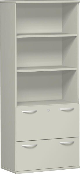 Modulschrank 1. + 2. OH Hängeregistratur mit Zentralverriegelung und Auszugssperre, abschließbar, 3. - 5. OH Regal, 2 Dekor-Einlegeböden, Wandbefestigung erforderlich, 800x425x1920, Lichtgrau/Lichtgrau