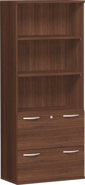 Modulschrank 1. + 2. OH Hängeregistratur mit Zentralverriegelung und Auszugssperre, abschließbar, 3. - 5. OH Regal, 2 Dekor-Einlegeböden, Wandbefestigung erforderlich, 800x425x1920, Nussbaum/Nussbaum