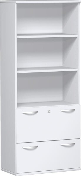 Modulschrank 1. + 2. OH Hängeregistratur mit Zentralverriegelung und Auszugssperre, abschließbar, 3. - 5. OH Regal, 2 Dekor-Einlegeböden, Wandbefestigung erforderlich, 800x425x1920, Weiß/Weiß
