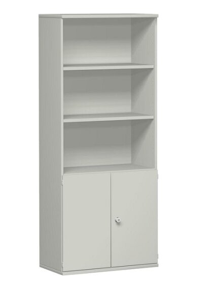 Modulschrank 1. + 2. OH Hängeregistratur mit Zentralverriegelung und Auszugssperre, abschließbar, Auszugsplatte,  3. - 5. OH satinierte Glastüren, nicht abschließbar, 2 Dekor-Einlegeböden, Wandbefestigung erforderlich, 800x425x1920, Lichtgrau/Lichtgrau