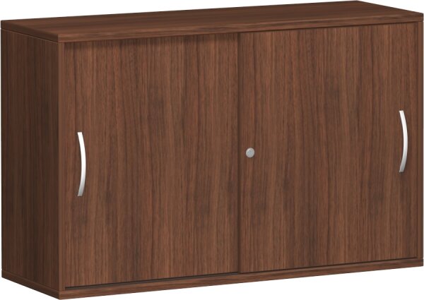 Anstell-Schiebetürenschrank mit Mittelseite, 2 Dekor-Einlegeböden, mit Stellfüßen, abschließbar, 1200x425x720, Nussbaum/Nussbaum