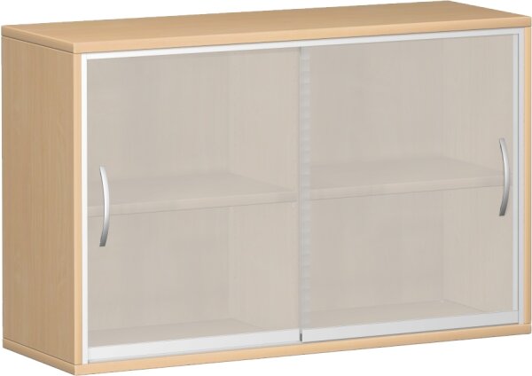 Schiebetürenschrank mit satinierten Glas-Schiebetüren, mit Mittelseite, 2 Dekor-Einlegeböden, nicht abschließbar, 1200x425x768, Buche