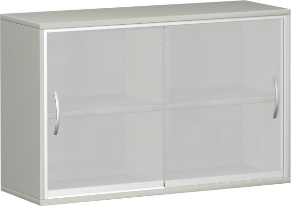 Schiebetürenschrank mit satinierten Glas-Schiebetüren, mit Mittelseite, 2 Dekor-Einlegeböden, nicht abschließbar, 1200x425x768, Lichtgrau