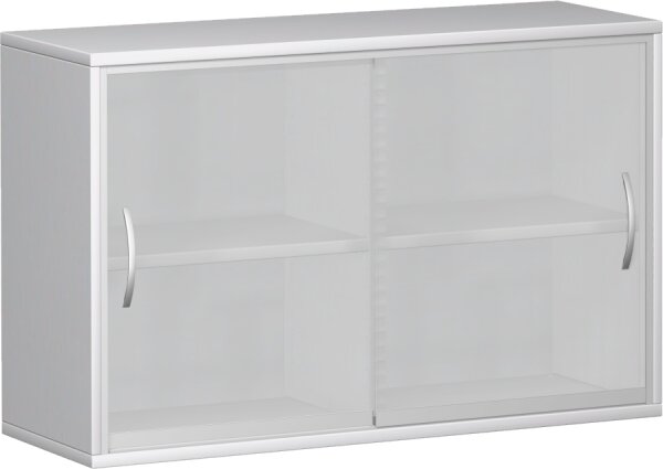 Schiebetürenschrank mit satinierten Glas-Schiebetüren, mit Mittelseite, 2 Dekor-Einlegeböden, nicht abschließbar, 1200x425x768, Weiß