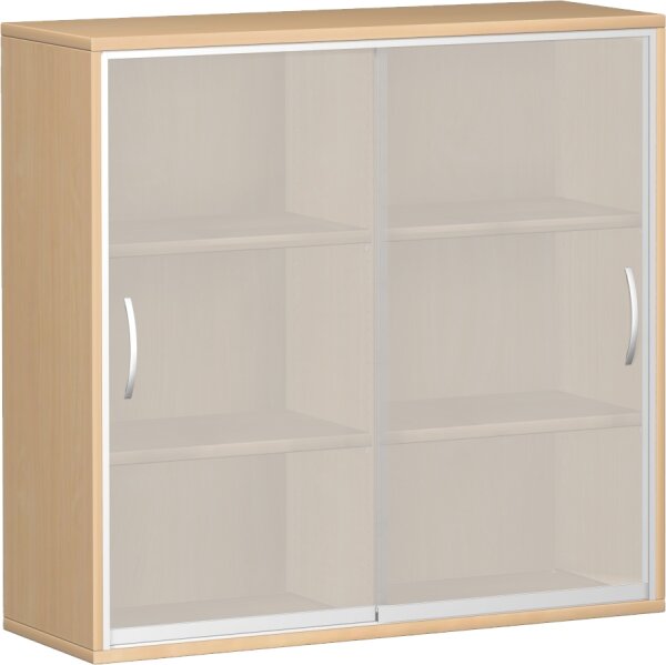 Schiebetürenschrank mit satinierten Glas-Schiebetüren, mit Mittelseite, 4 Dekor-Einlegeböden, nicht abschließbar, 1200x425x1152, Buche