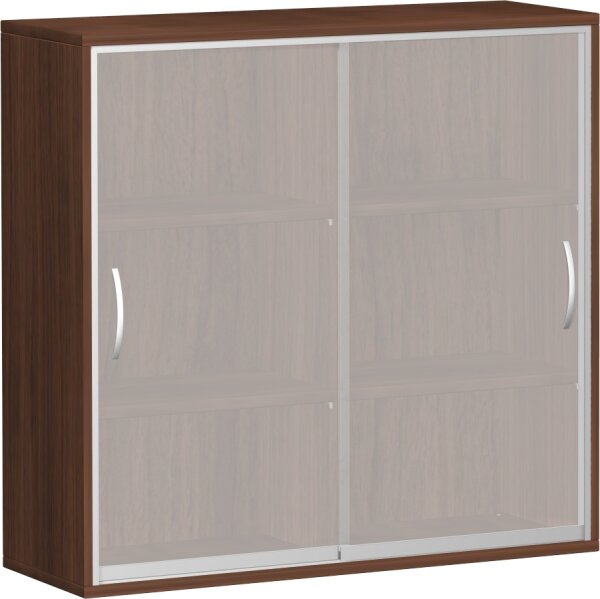 Schiebetürenschrank mit satinierten Glas-Schiebetüren, mit Mittelseite, 4 Dekor-Einlegeböden, nicht abschließbar, 1200x425x1152, Nussbaum