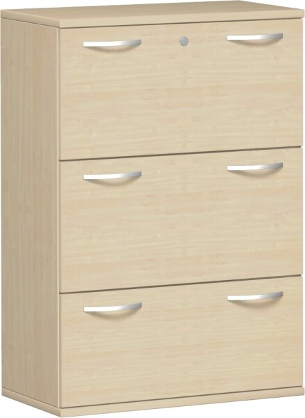 Registraturschrank, 3 Hängeregistraturen mit Zentralverriegelung und Auszugssperre, abschließbar, Wandbefestigung erforderlich, 800x425x1152, Ahorn/Ahorn