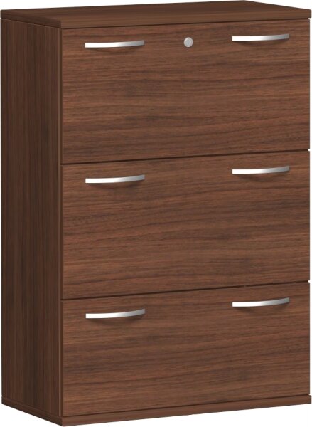 Registraturschrank, 3 Hängeregistraturen mit Zentralverriegelung und Auszugssperre, abschließbar, Wandbefestigung erforderlich, 800x425x1152, Nussbaum/Nussbaum