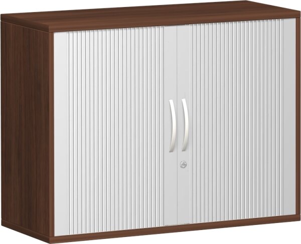 Anstell-Querrollladenschrank, 1 Dekor-Einlegeboden, mit Stellfüßen, abschließbar, 1000x425x720, Silber/Nussbaum