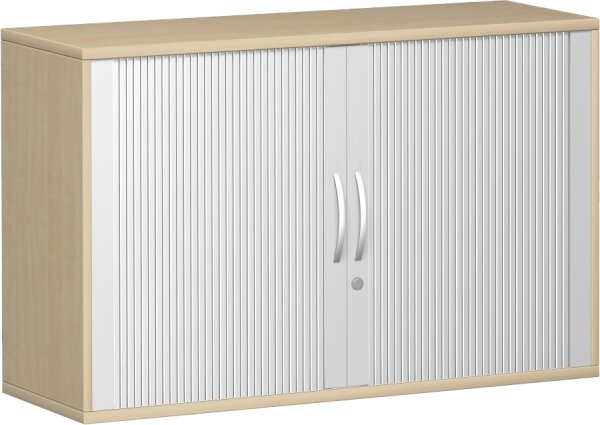 Anstell-Querrollladenschrank, 1 Dekor-Einlegeboden, mit Stellfüßen, abschließbar, 1200x425x720, Silber/Ahorn