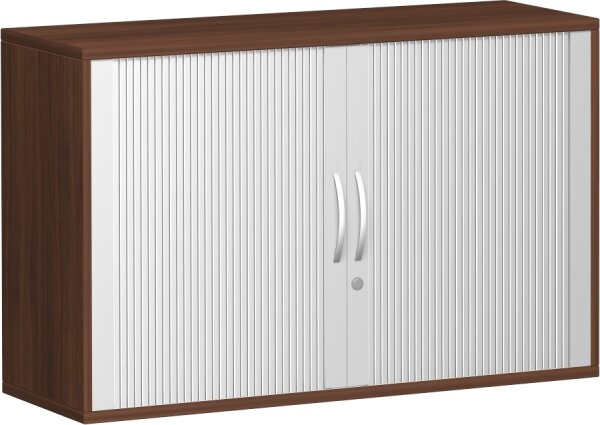 Anstell-Querrollladenschrank, 1 Dekor-Einlegeboden, mit Stellfüßen, abschließbar, 1200x425x720, Silber/Nussbaum