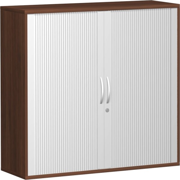 Querrollladenschrank, 2 Dekor-Einlegeböden, abschließbar, 1200x425x1152, Silber/Nussbaum