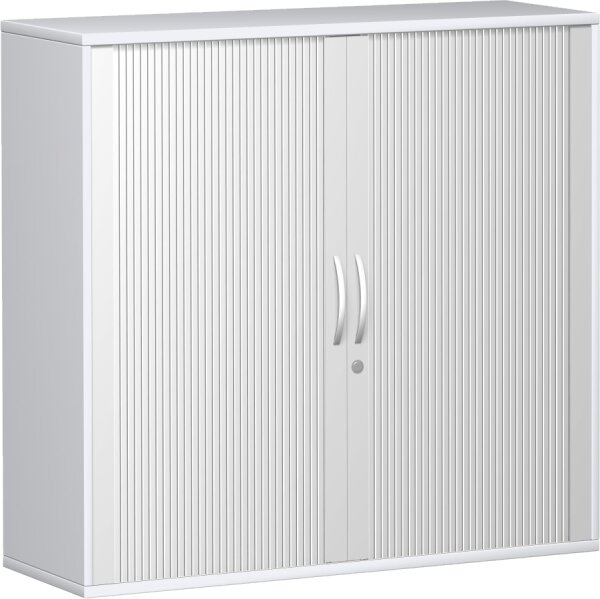 Querrollladenschrank, 2 Dekor-Einlegeböden, abschließbar, 1200x425x1152, Silber/Weiß