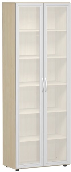 Flügeltürenschrank mit satinierten Glastüren im Holzrahmen, mit Standfüßen, inkl. Türdämpfer, nicht abschließbar, 800x420x2160, Ahorn