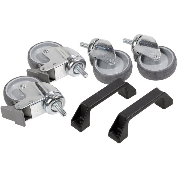 4 rubber-tyred castors (2 fitted with brakes) + 2 handles for fitting on racks.