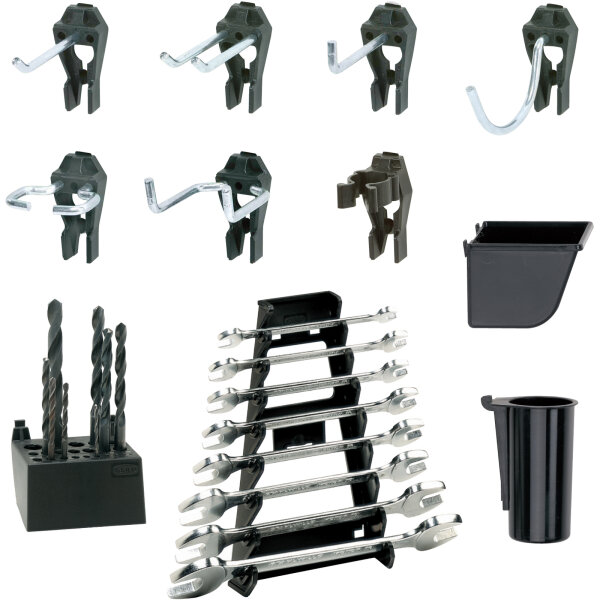 Zubehör für Lochwand: 84 Clips  Halter- und Hakensortiment