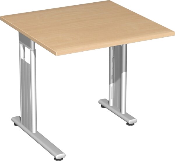 Schreibtisch feste Höhe, einseitig zurückgesetzt, 800x800x720, Buche/Silber