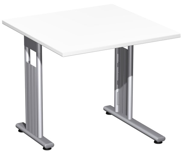 Schreibtisch feste Höhe, einseitig zurückgesetzt, 800x800x720, Weiß/Silber