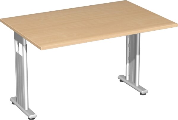 Schreibtisch feste Höhe, beidseitig zurückgesetzt, 1200x800x720, Buche/Silber