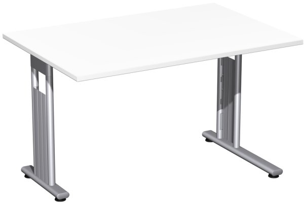 Schreibtisch feste Höhe, einseitig zurückgesetzt, 1200x800x720, Weiß/Silber