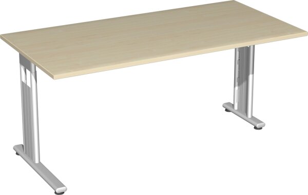 Schreibtisch feste Höhe, einseitig zurückgesetzt, 1600x800x720, Ahorn/Silber