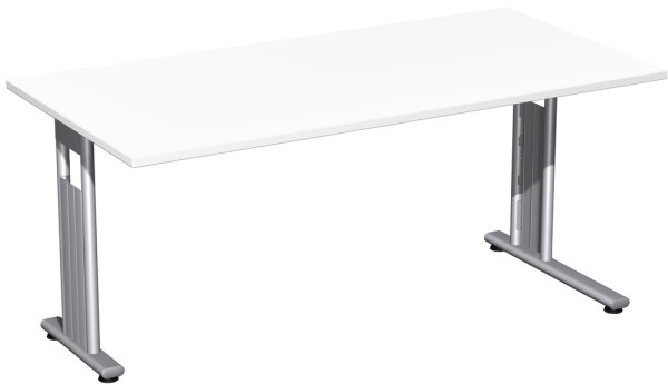 Schreibtisch feste Höhe, einseitig zurückgesetzt, 1600x800x720, Weiß/Silber