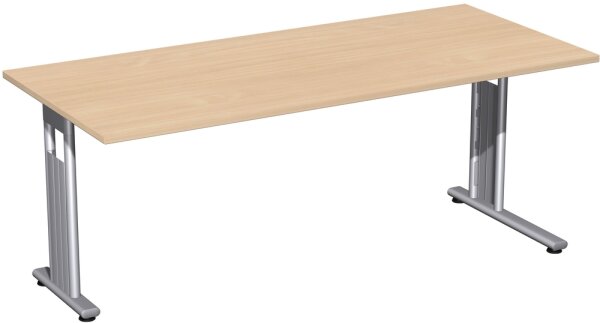 Schreibtisch feste Höhe, einseitig zurückgesetzt, 1800x800x720, Buche/Silber
