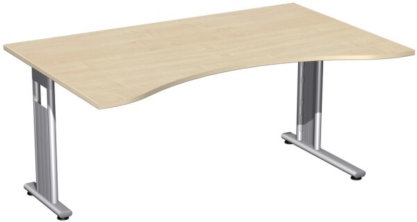 Schreibtisch Ergonomieform feste Höhe, einseitig zurückgesetzt, 1600x1000x720, Ahorn/Silber