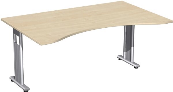 Schreibtisch Ergonomieform feste Höhe, beidseitig zurückgesetzt, 1600x1000x720, Ahorn/Silber