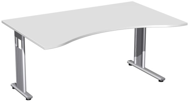 Schreibtisch Ergonomieform feste Höhe, einseitig zurückgesetzt, 1600x1000x720, Lichtgrau/Silber
