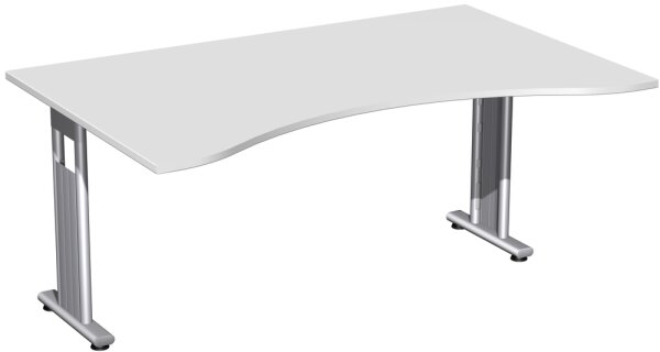 Schreibtisch Ergonomieform feste Höhe, beidseitig zurückgesetzt, 1600x1000x720, Lichtgrau/Silber