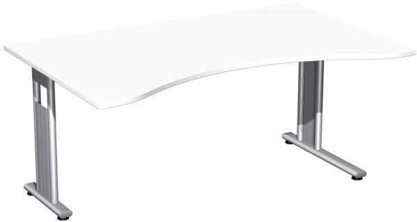 Schreibtisch Ergonomieform feste Höhe, einseitig zurückgesetzt, 1600x1000x720, Weiß/Silber